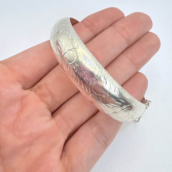VTG Sterling Silver 925 Etched Wheat Design Hinged Bangle Bracelet 7.5' Fit - Picture 5 of 10